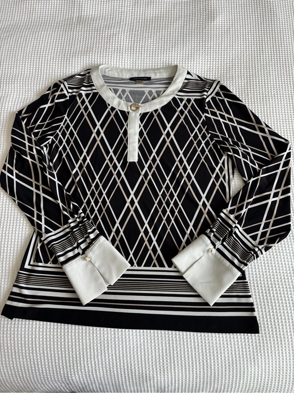 Tommy Hilfiger Black and White Geometric Long Sleeve Top